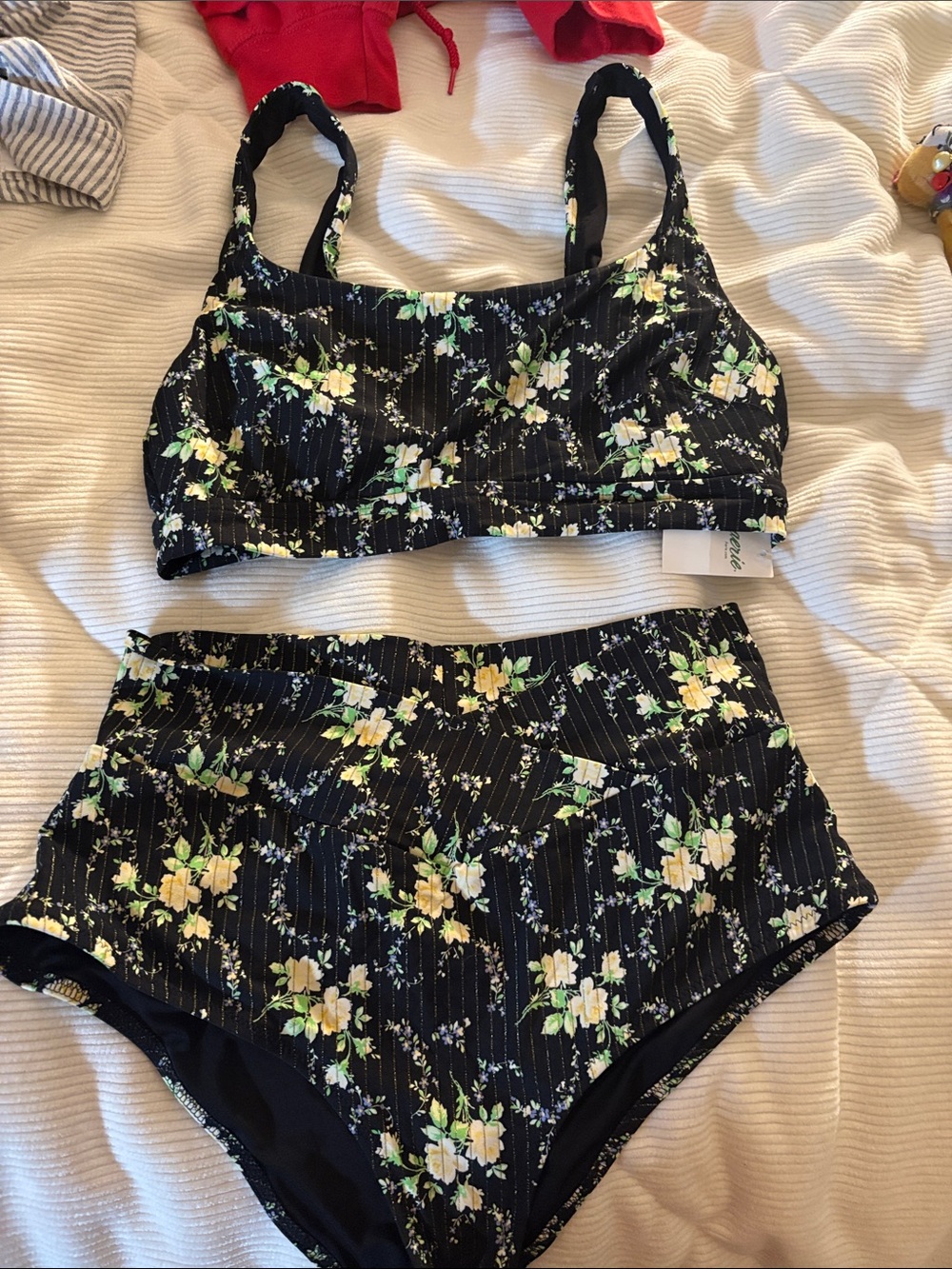 Aerie Floral High-Waist Bikini Set - Black/Yellow